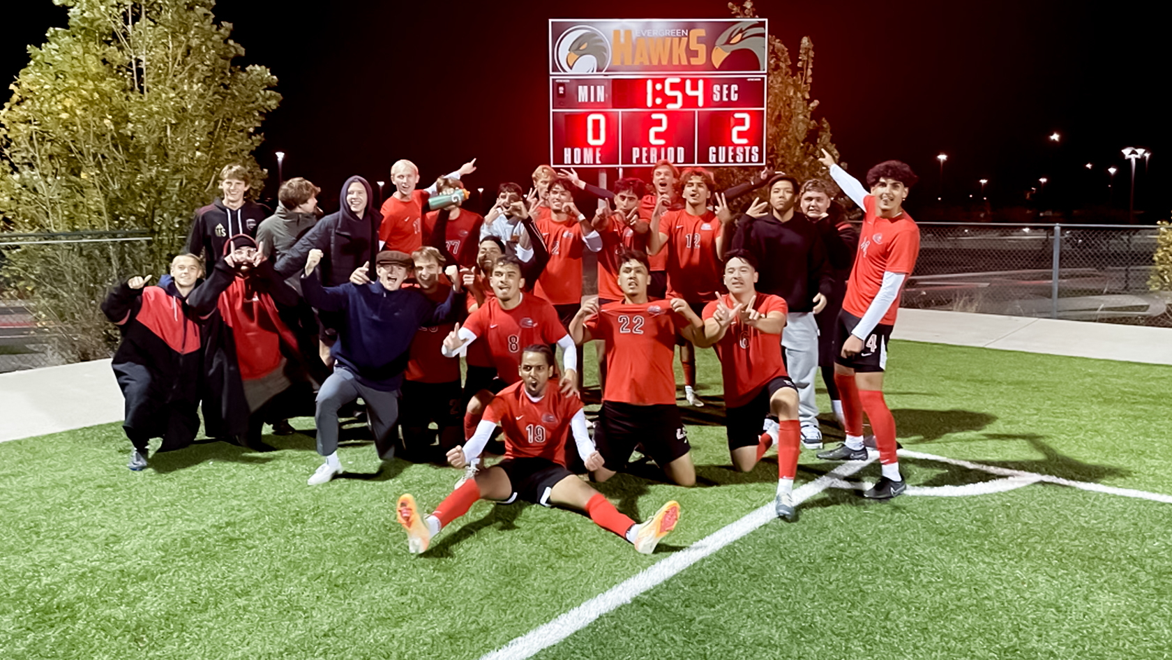 Team picture infront of scoreboard